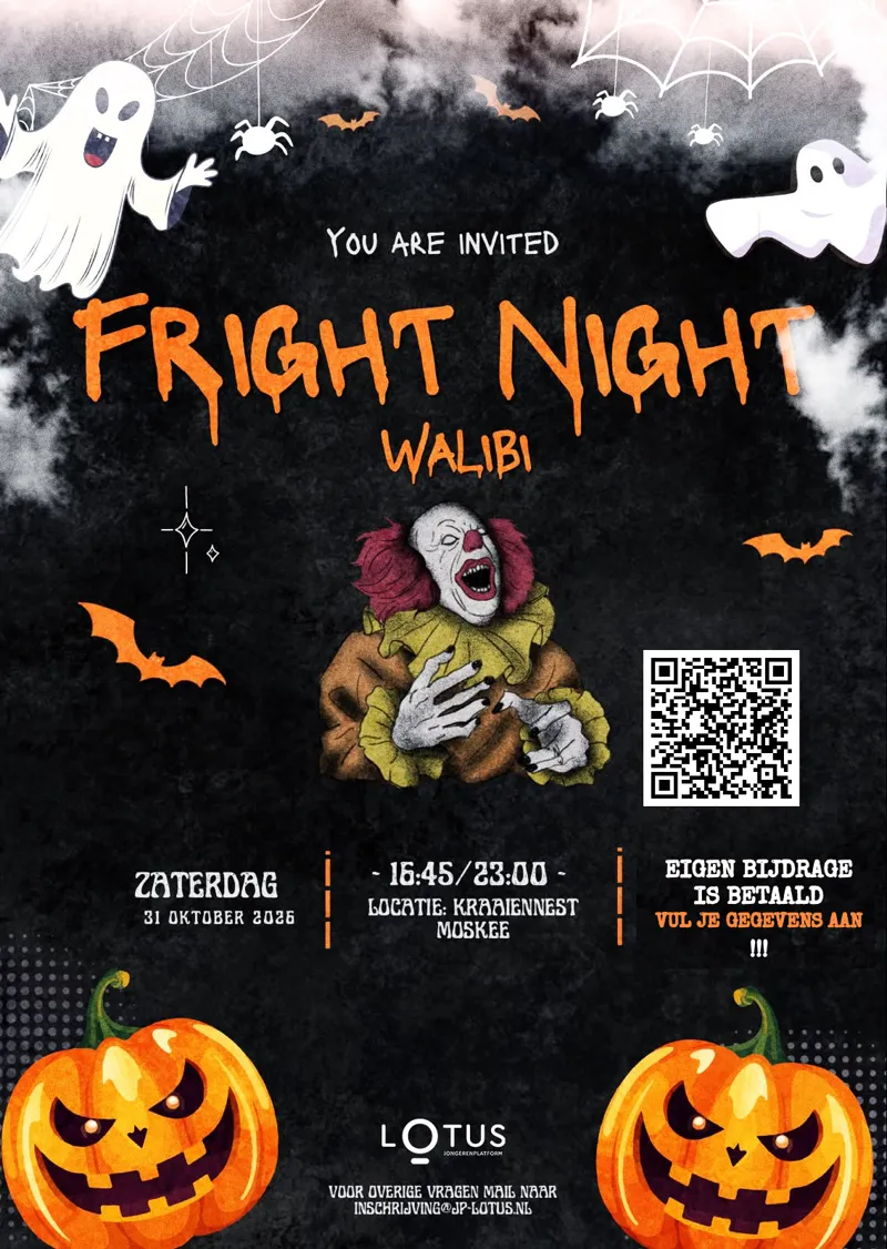 Flyer Walibi Fright Night: zaterdag 31 oktober 2026, 16:45 tot 23:00, locatie Kraaiennest moskee. Eigen bijdrage is betaald, vul je gegevens aan.